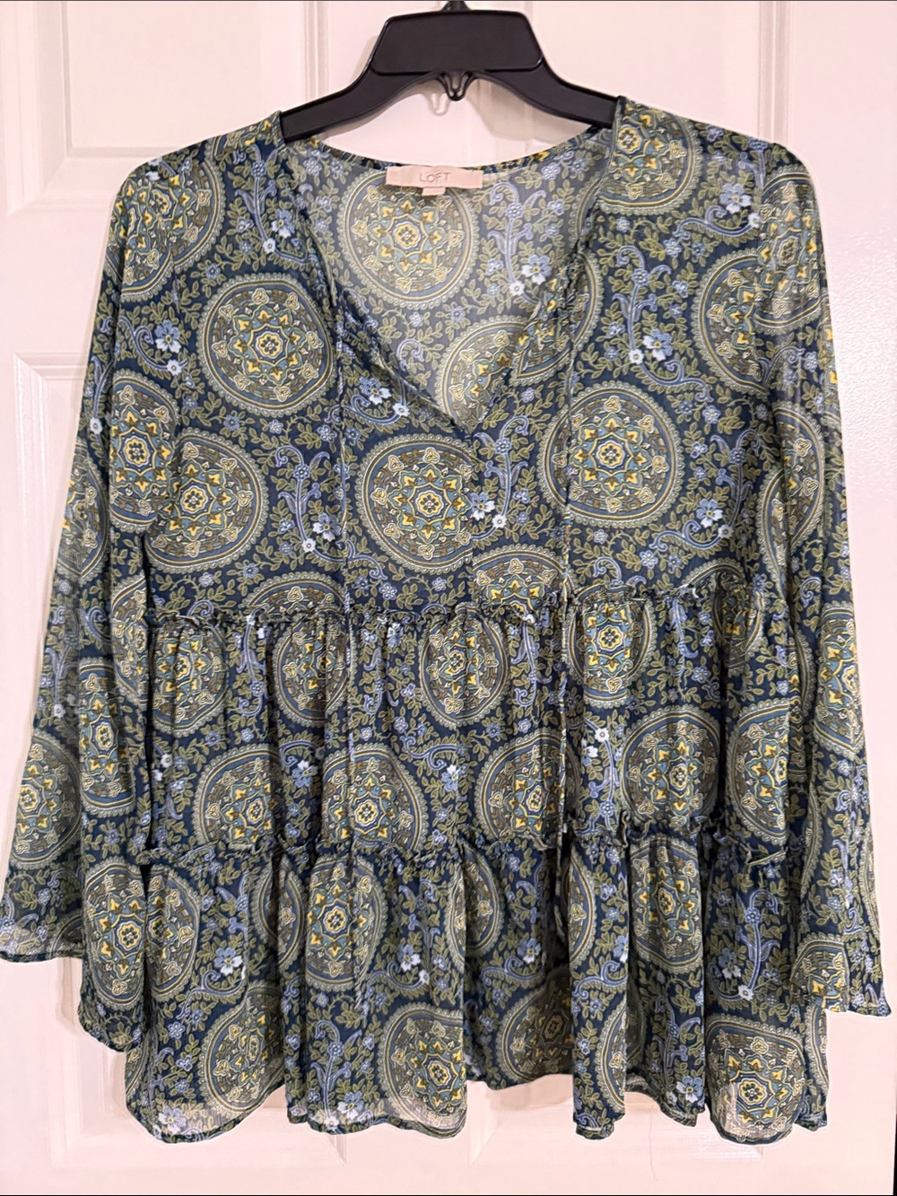 LOFT Olive Green Paisley V-Neck Tiered Tunic